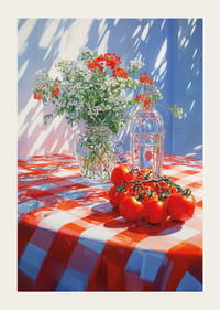 Solsken över röd-vitrutig duk med blommor och tomater.-3