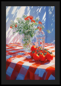 Solsken över röd-vitrutig duk med blommor och tomater.-4