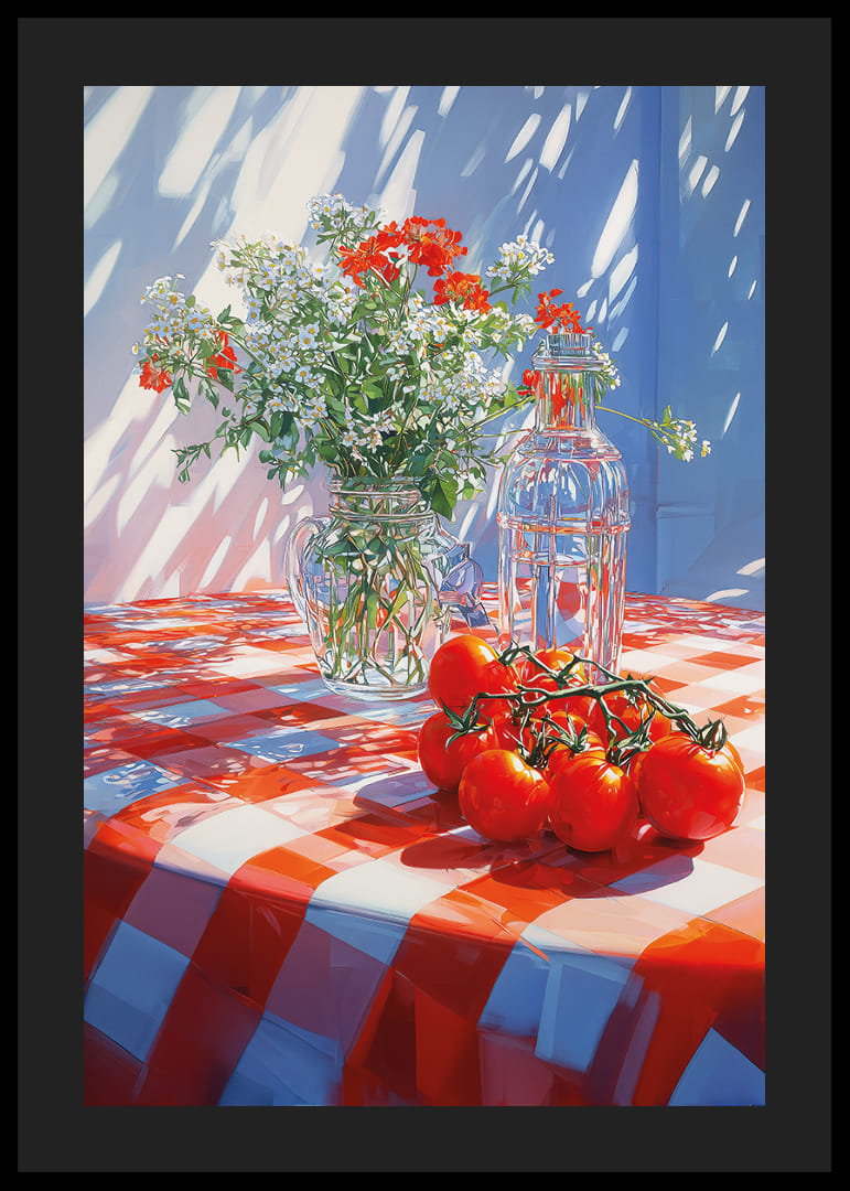 Solsken över röd-vitrutig duk med blommor och tomater.-12