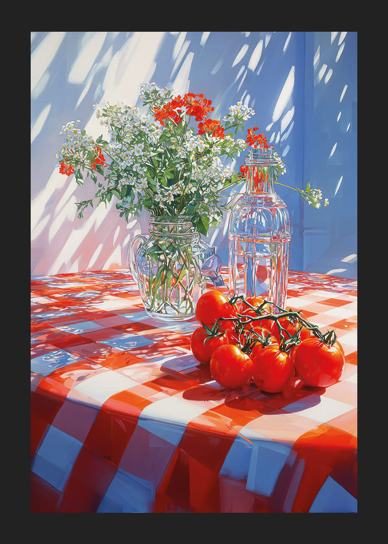 Solsken över röd-vitrutig duk med blommor och tomater.-12