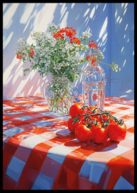 Sunshine over a red and white checkered tablecloth with flowers and tomatoes.-6