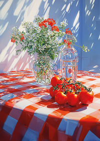Sunshine over a red and white checkered tablecloth with flowers and tomatoes.-7