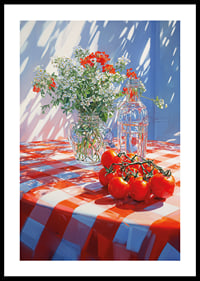 Sunshine over a red and white checkered tablecloth with flowers and tomatoes.-0