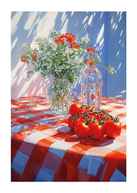 Sunshine over a red and white checkered tablecloth with flowers and tomatoes.-1