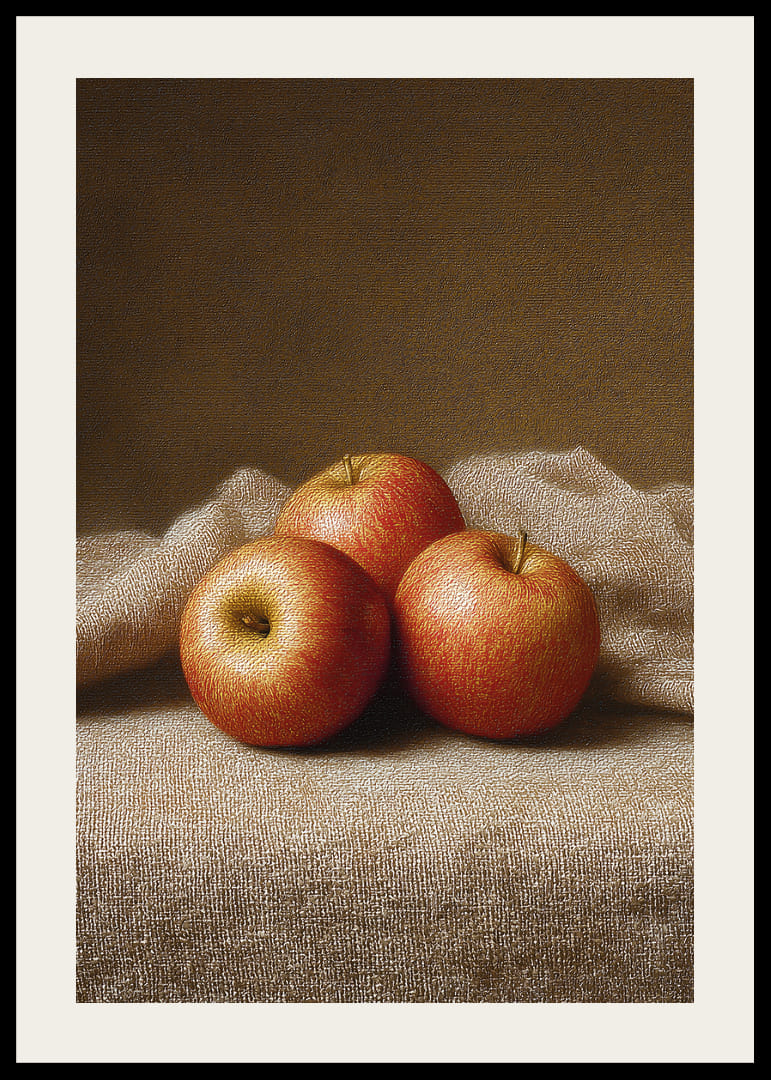 Three golden apples rest on a soft cloth.-12