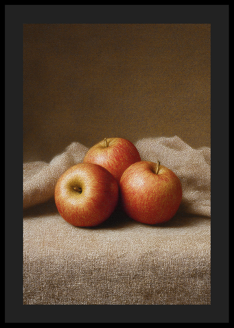 Three golden apples rest on a soft cloth.-12