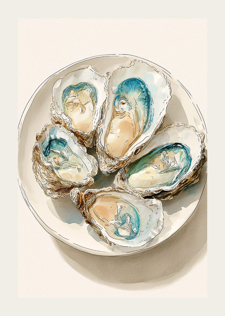 Cinque ostriche acquerellate con colori tenui e brillanti.-12