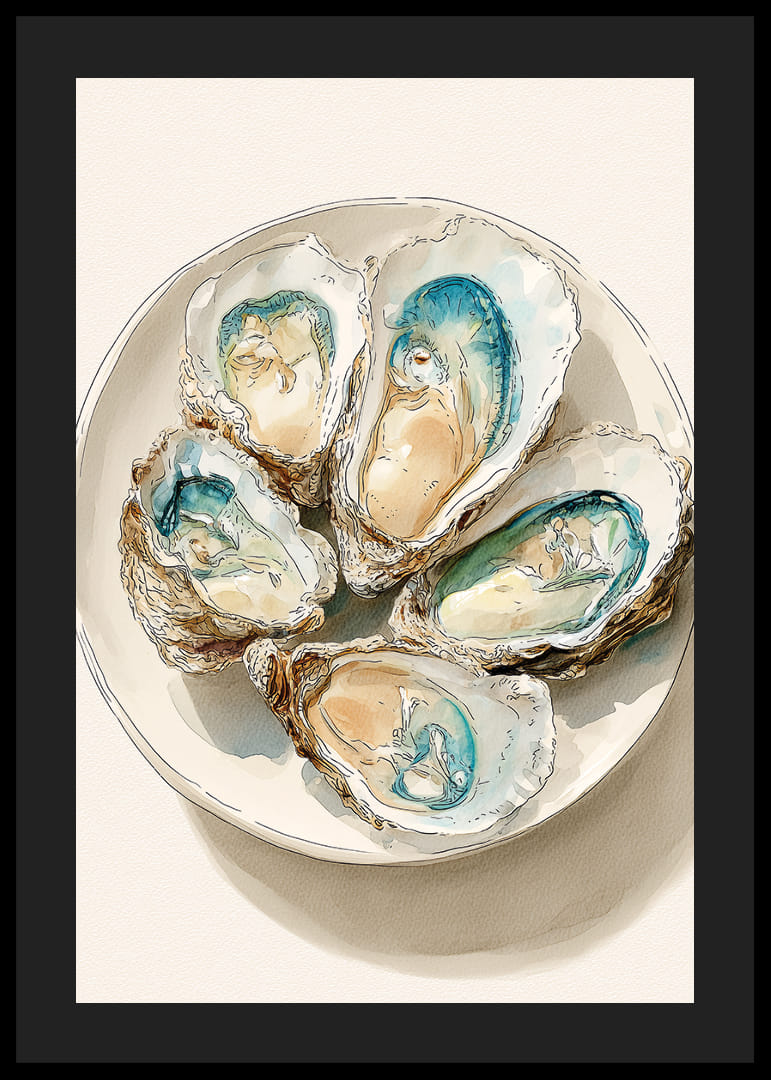 Cinque ostriche acquerellate con colori tenui e brillanti.-12