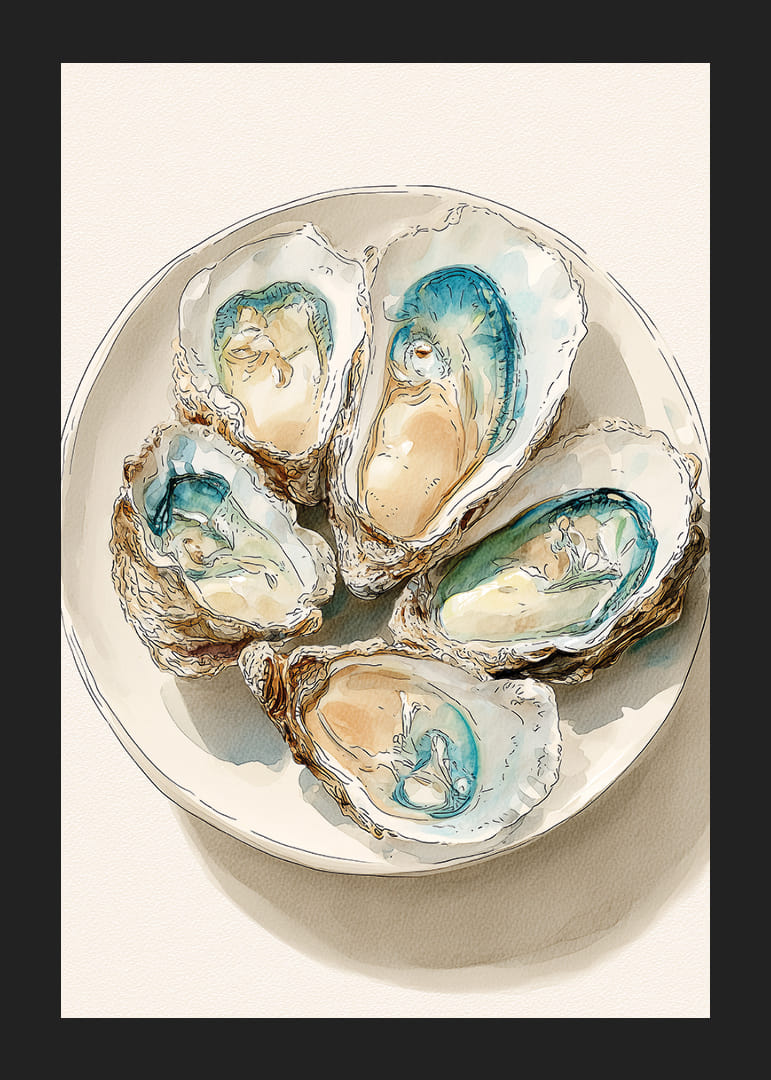 Cinque ostriche acquerellate con colori tenui e brillanti.-12