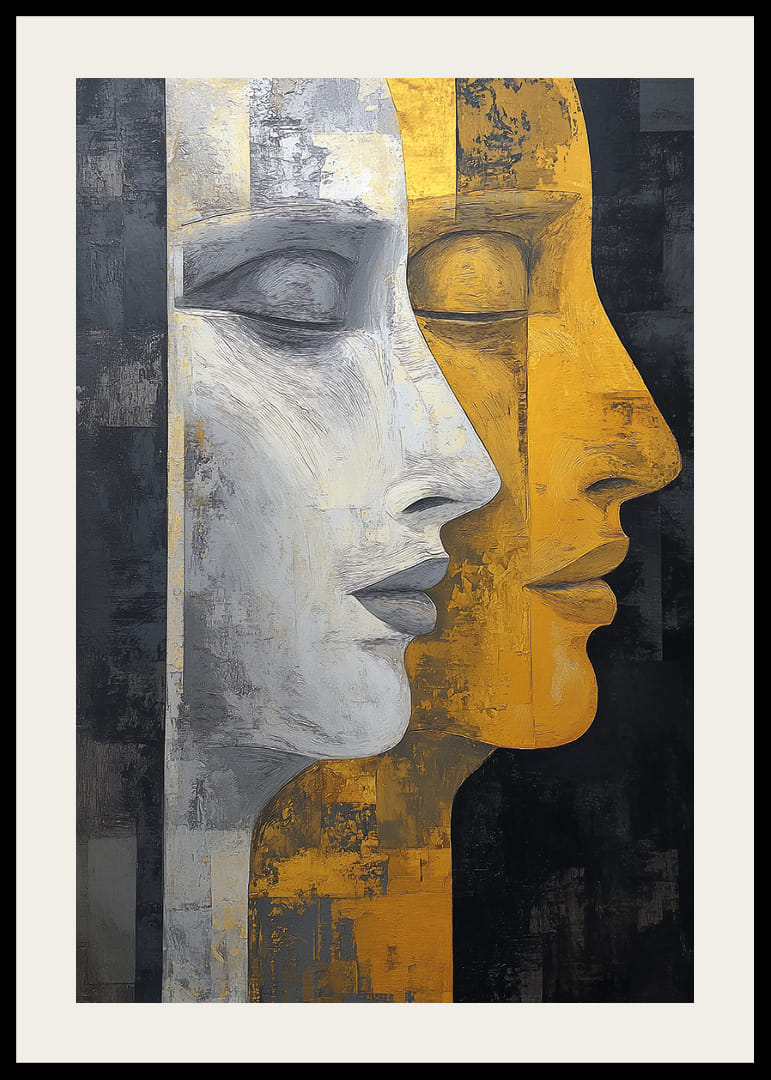 Deux visages aux tons contrastés or et gris.-12