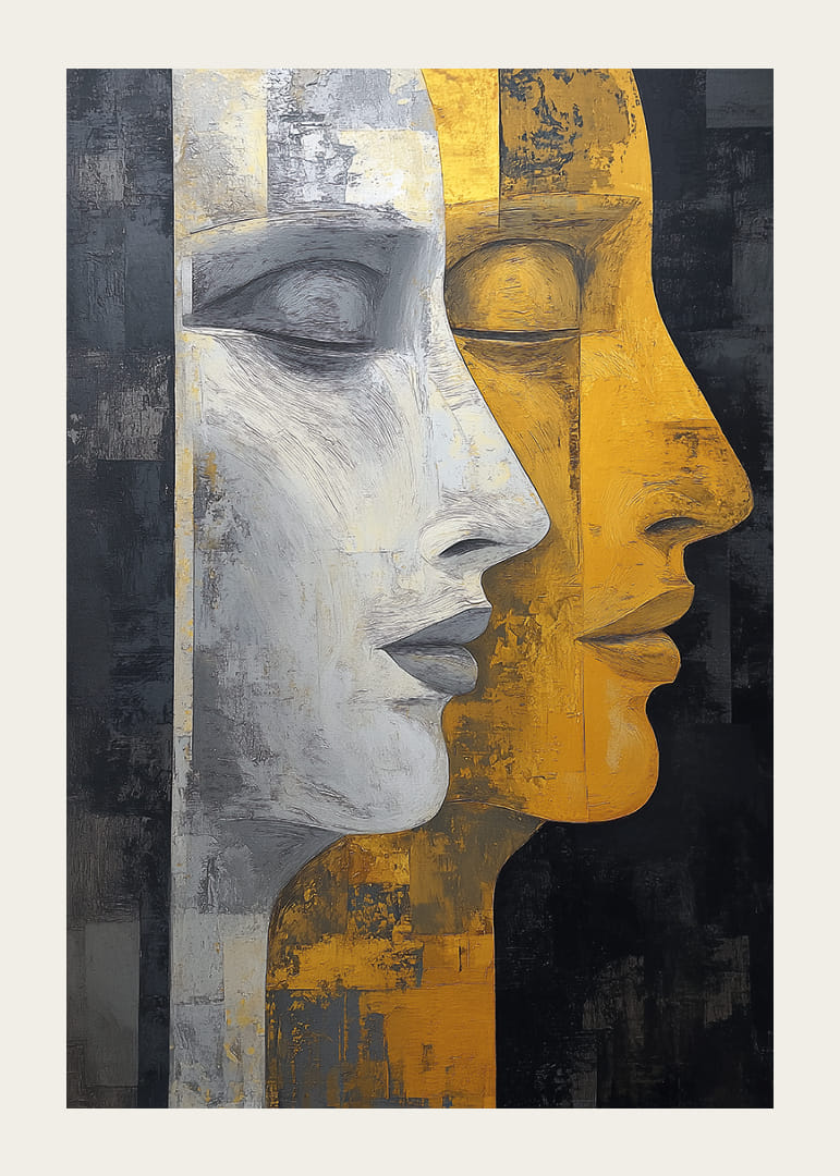 Deux visages aux tons contrastés or et gris.-12
