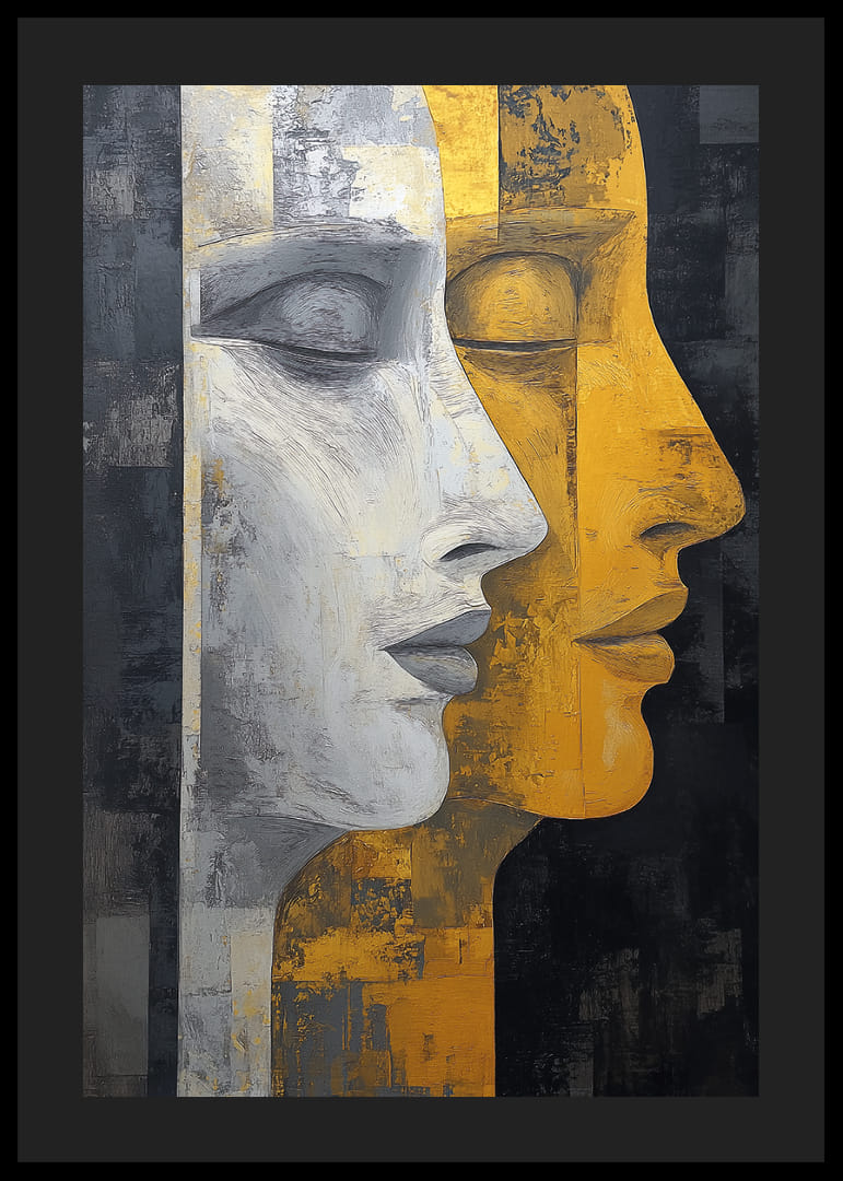 Deux visages aux tons contrastés or et gris.-12