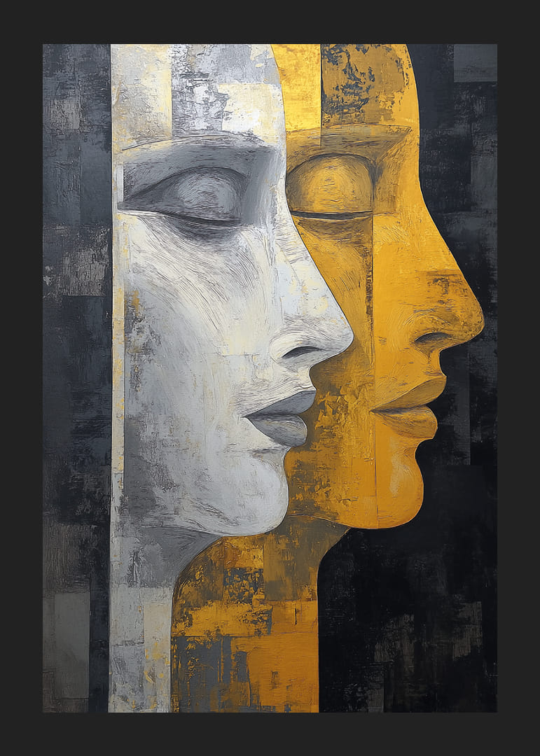 Deux visages aux tons contrastés or et gris.-12