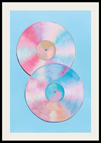 Two shimmering vinyl records in pastel tones against a blue background.-2