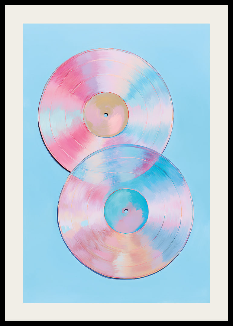 Two shimmering vinyl records in pastel tones against a blue background.-12