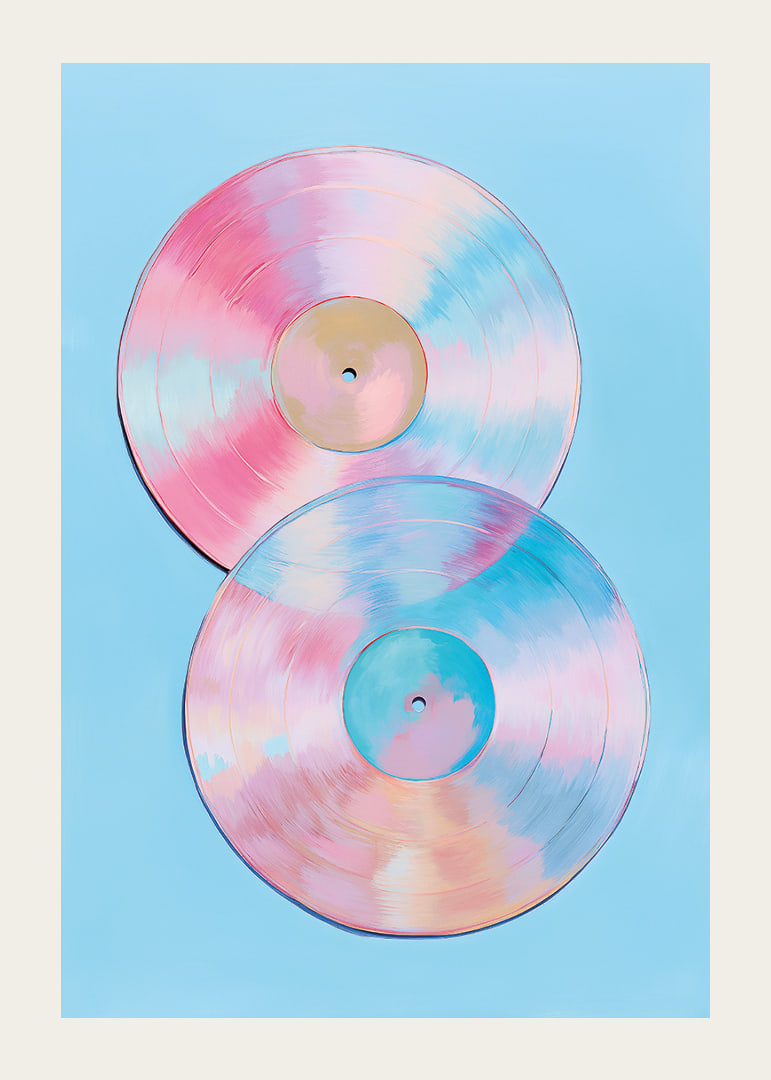 Two shimmering vinyl records in pastel tones against a blue background.-12