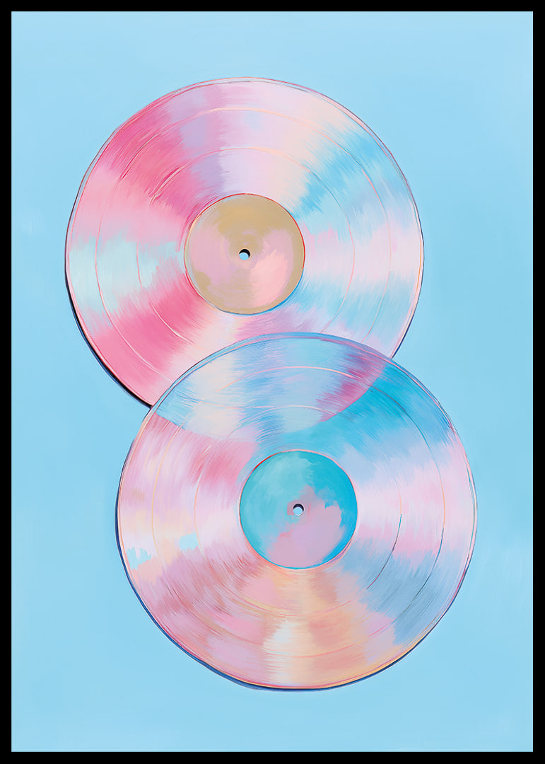 Two shimmering vinyl records in pastel tones against a blue background.-12