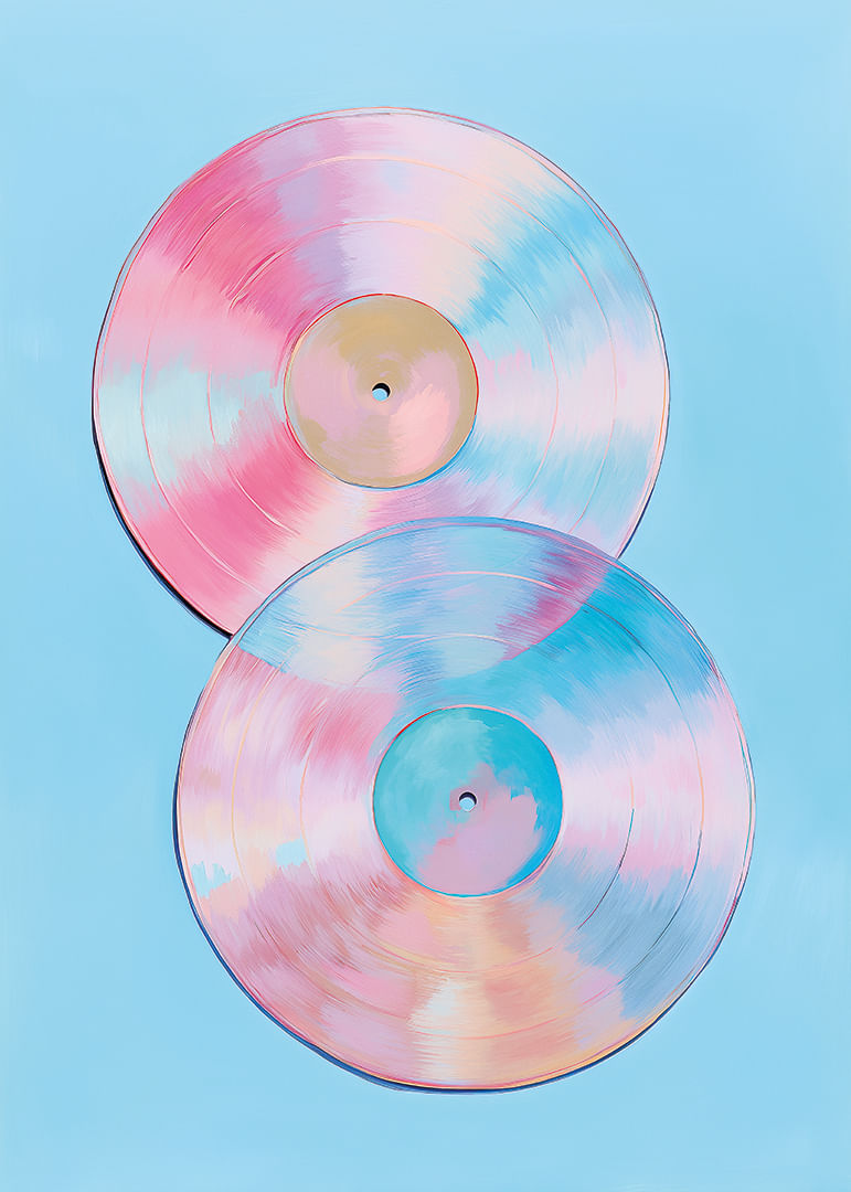 Deux disques vinyles scintillants aux tons pastel sur fond bleu.-12