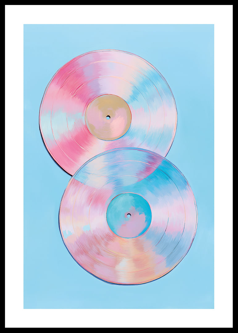 Deux disques vinyles scintillants aux tons pastel sur fond bleu.-12