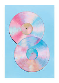 Two shimmering vinyl records in pastel tones against a blue background.-1