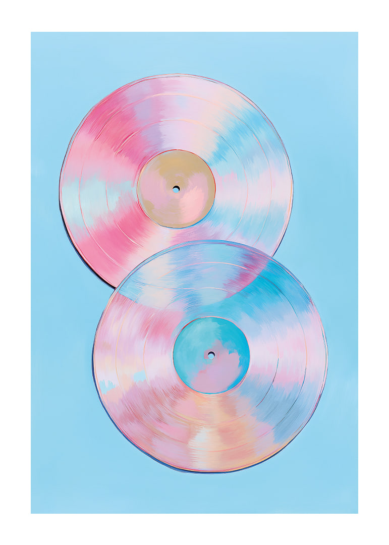 Two shimmering vinyl records in pastel tones against a blue background.-12