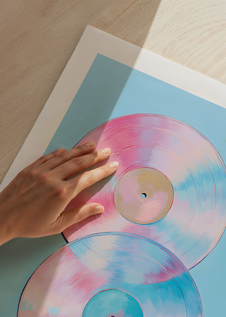 Deux disques vinyles scintillants aux tons pastel sur fond bleu.-12