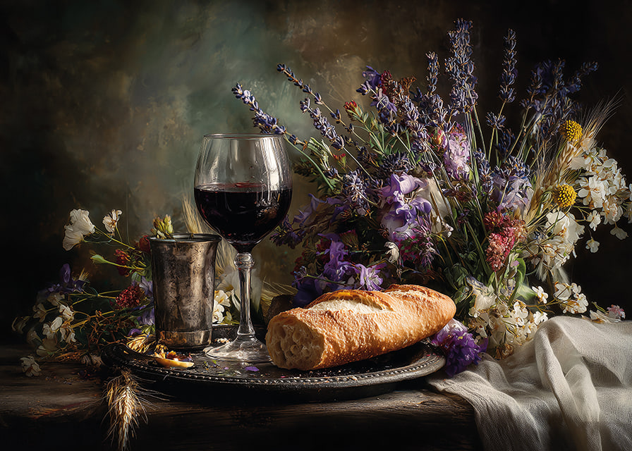 En fängslande komposition av blommor och vin i vacker harmoni.-12