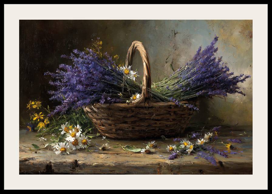 En kurv fyldt med lilla lavendel og margueritter skaber ro.-12