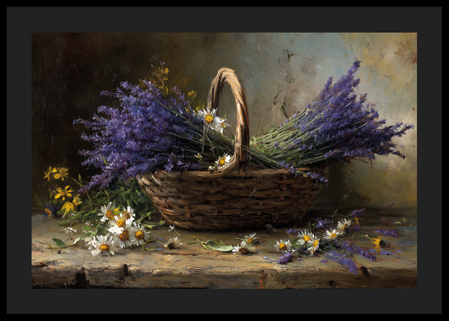 En kurv fyldt med lilla lavendel og margueritter skaber ro.-12