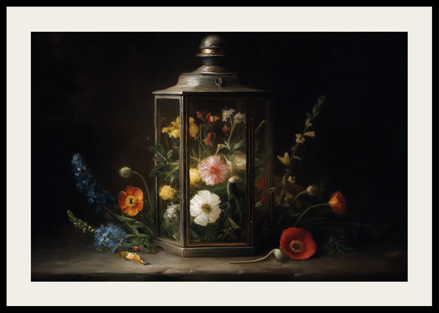 Colorful flowers in a vintage lantern brighten up the room.-12