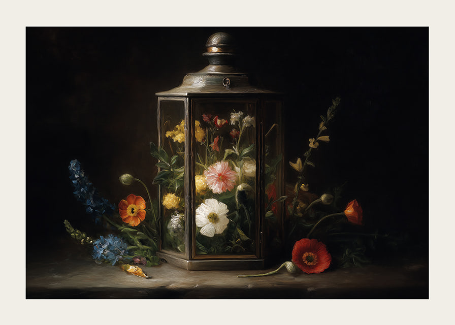 Colorful flowers in a vintage lantern brighten up the room.-12