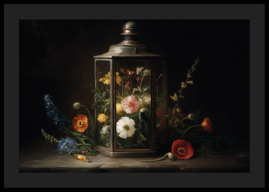 Colorful flowers in a vintage lantern brighten up the room.-12