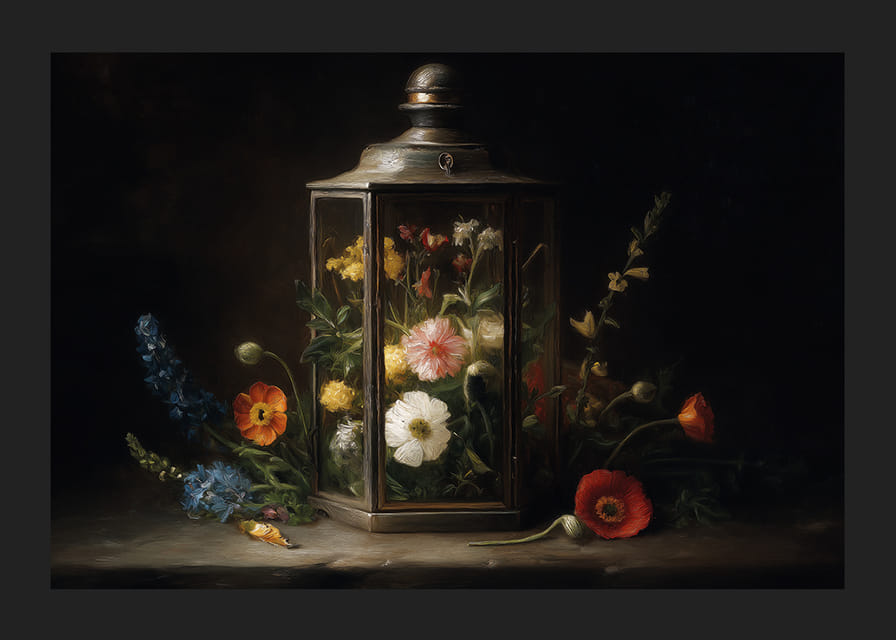 Colorful flowers in a vintage lantern brighten up the room.-12