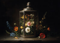 Colorful flowers in a vintage lantern brighten up the room.-7