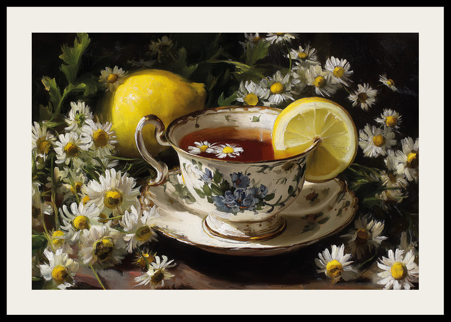Une charmante tasse de thé au citron et aux marguerites crée le calme.-12
