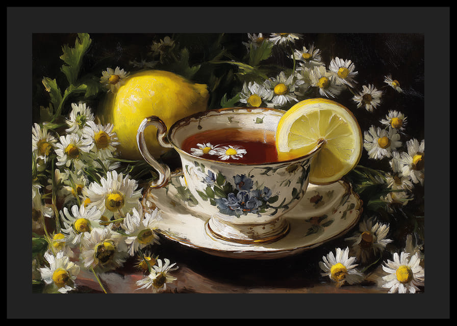 Une charmante tasse de thé au citron et aux marguerites crée le calme.-12