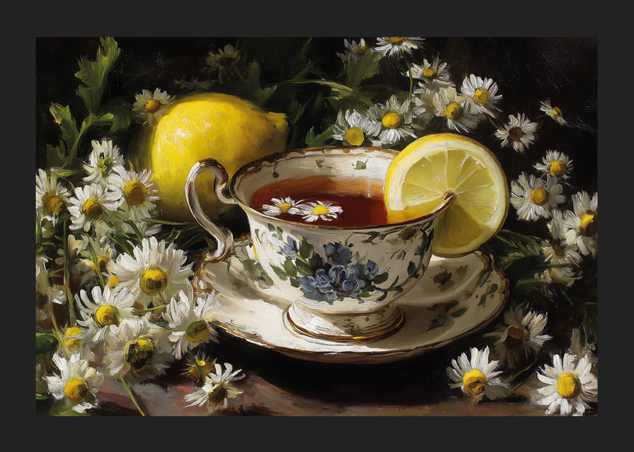 Une charmante tasse de thé au citron et aux marguerites crée le calme.-12