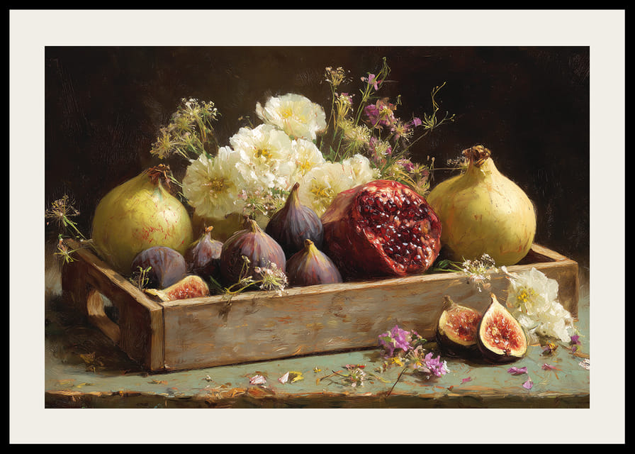 Et stilleben af ​​frugter og blomster i efterårsfarver.-12