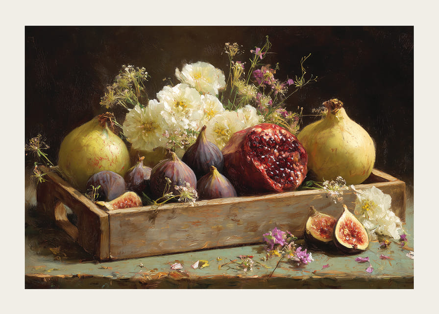 Et stilleben af ​​frugter og blomster i efterårsfarver.-12