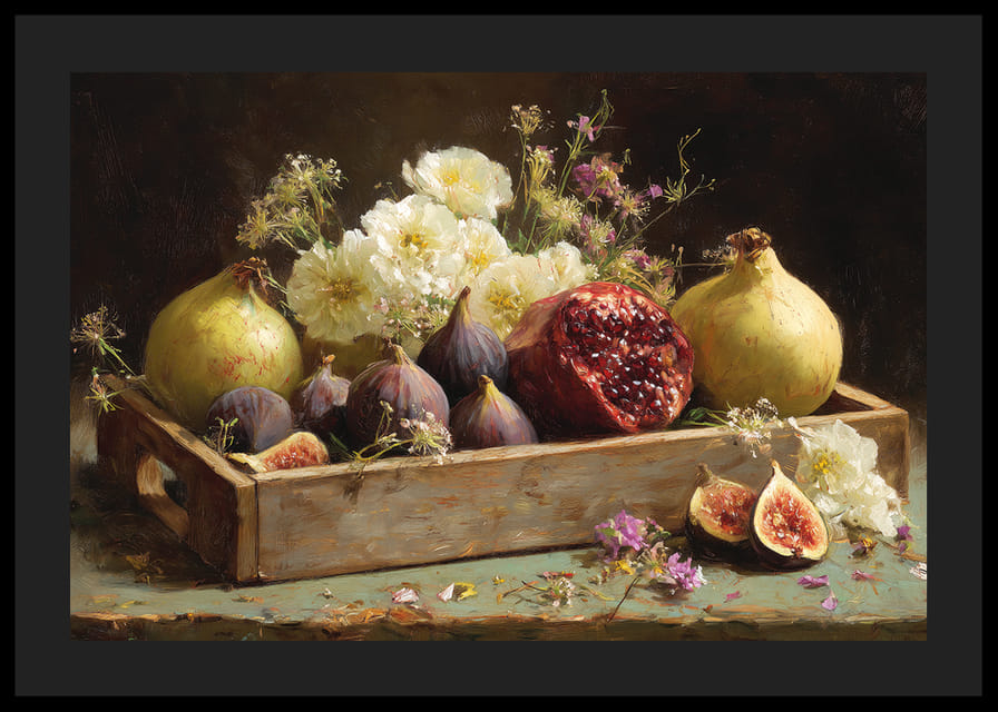 Et stilleben af ​​frugter og blomster i efterårsfarver.-12