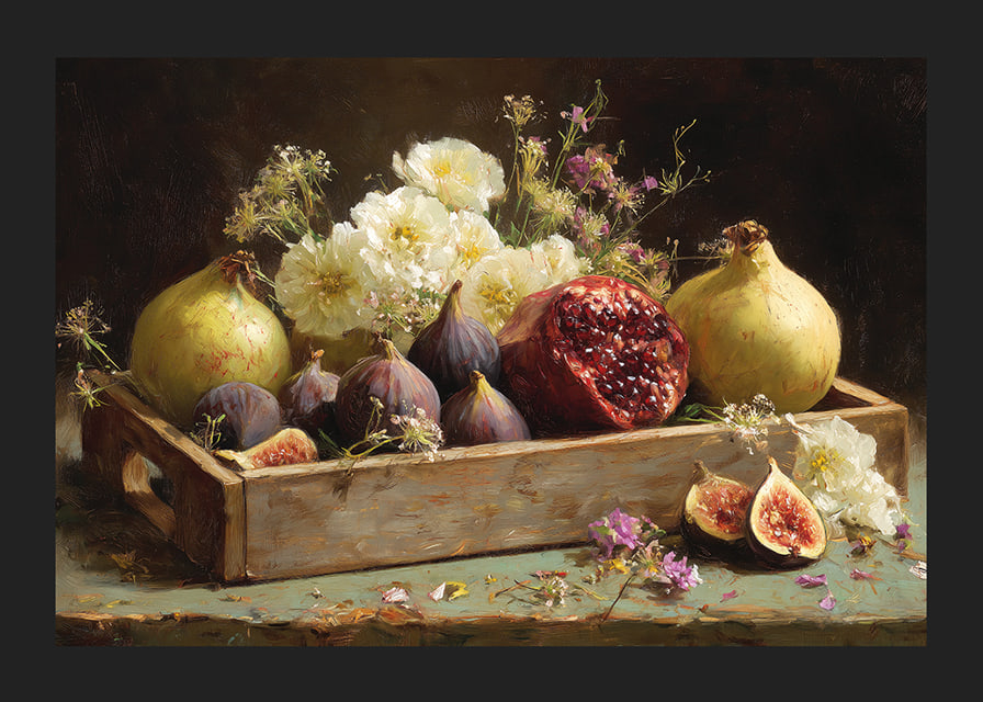 Ett stilleben av frukter och blommor i höstens färger.-12
