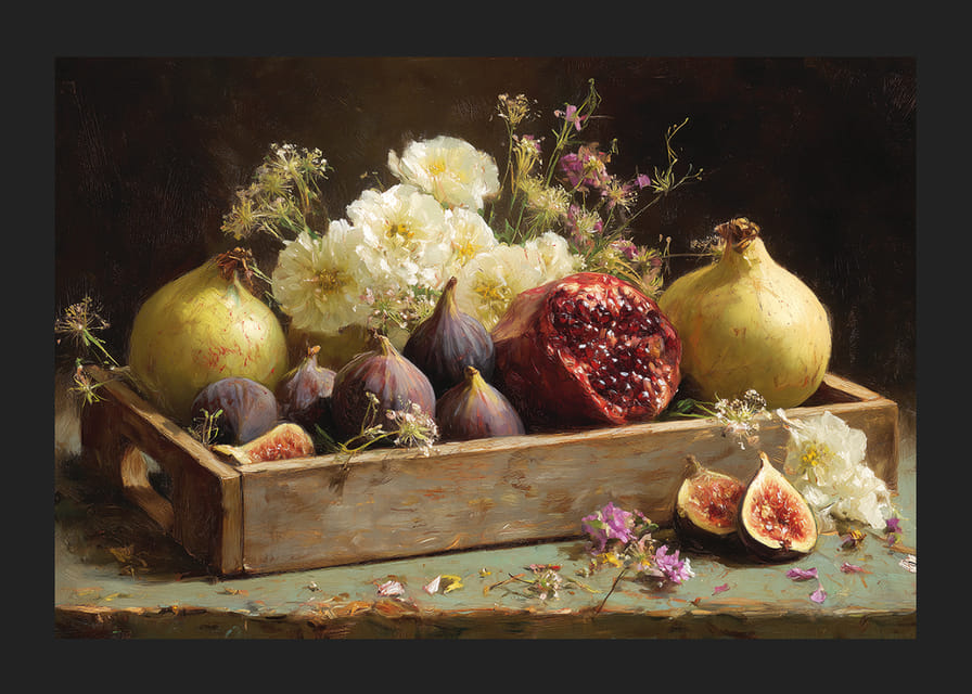 Et stilleben af ​​frugter og blomster i efterårsfarver.-12