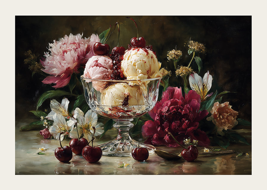 Bright flowers and cherries on a luxury ice cream background.-12