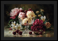 Bright flowers and cherries on a luxury ice cream background.-4