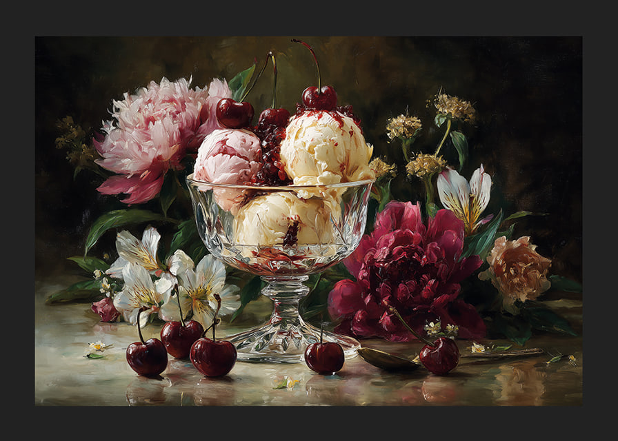 Bright flowers and cherries on a luxury ice cream background.-12