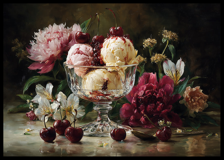 Bright flowers and cherries on a luxury ice cream background.-12