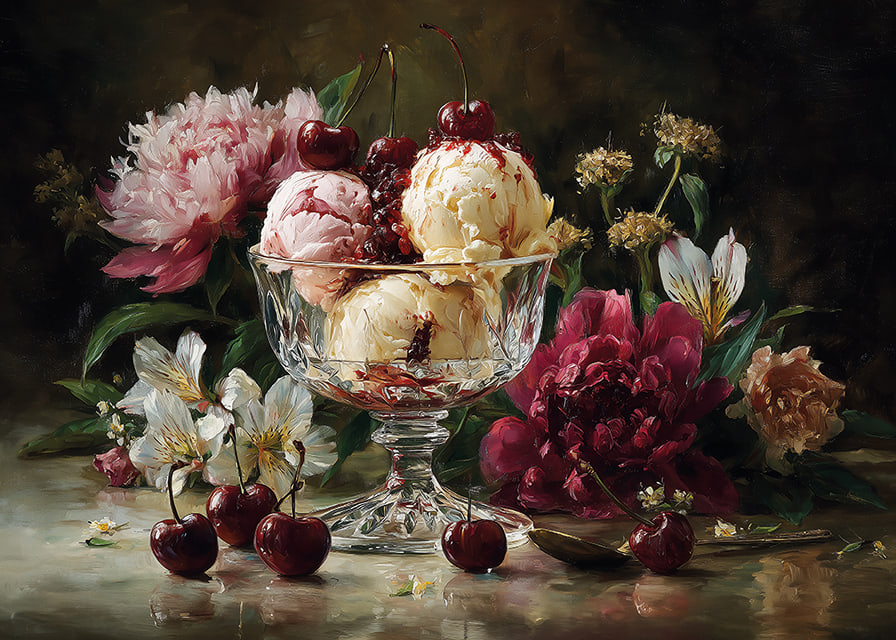 Bright flowers and cherries on a luxury ice cream background.-12