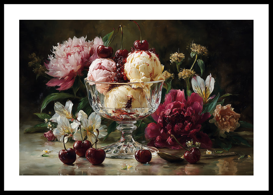 Bright flowers and cherries on a luxury ice cream background.-12