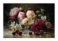 Bright flowers and cherries on a luxury ice cream background.-1