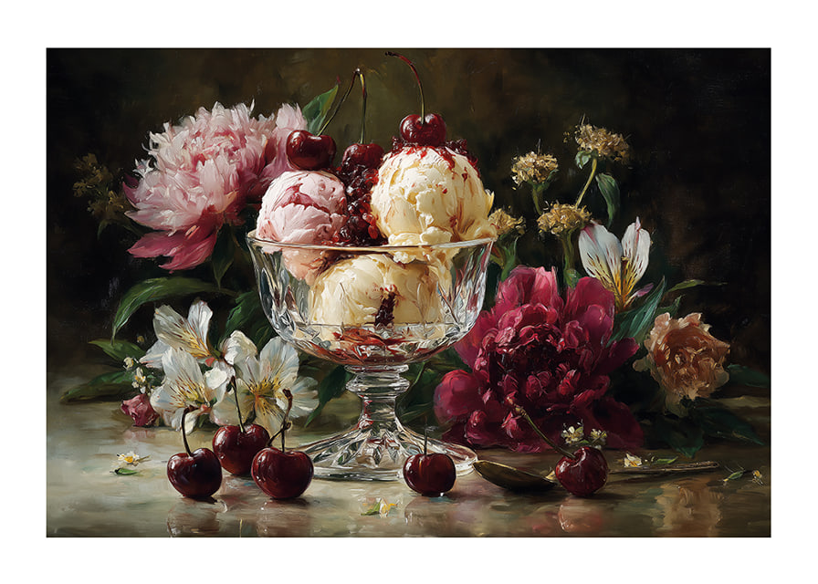 Bright flowers and cherries on a luxury ice cream background.-12